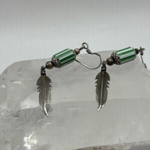 1970's Dangle Earrings with Silver Tone Feather and Bead